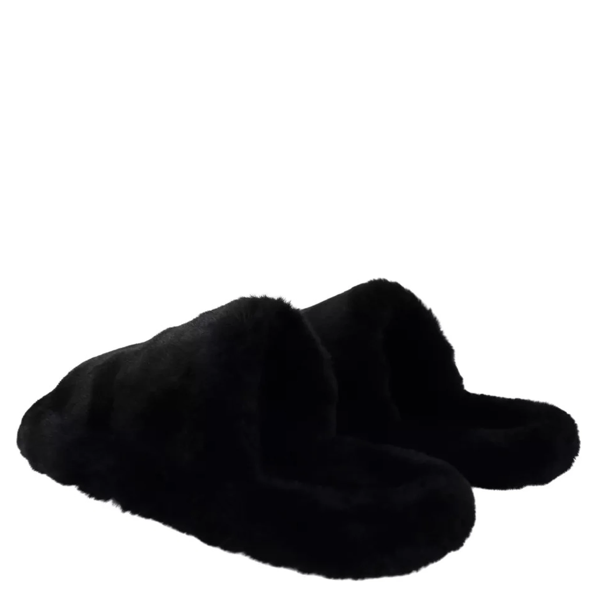 Black Polyester Faux Fur Mens Flats Sandals Shoes