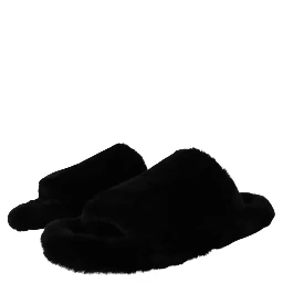 Black Polyester Faux Fur Mens Flats Sandals Shoes