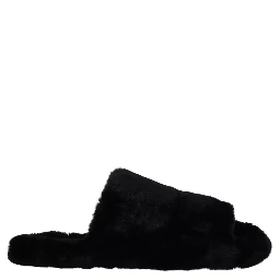 Black Polyester Faux Fur Mens Flats Sandals Shoes