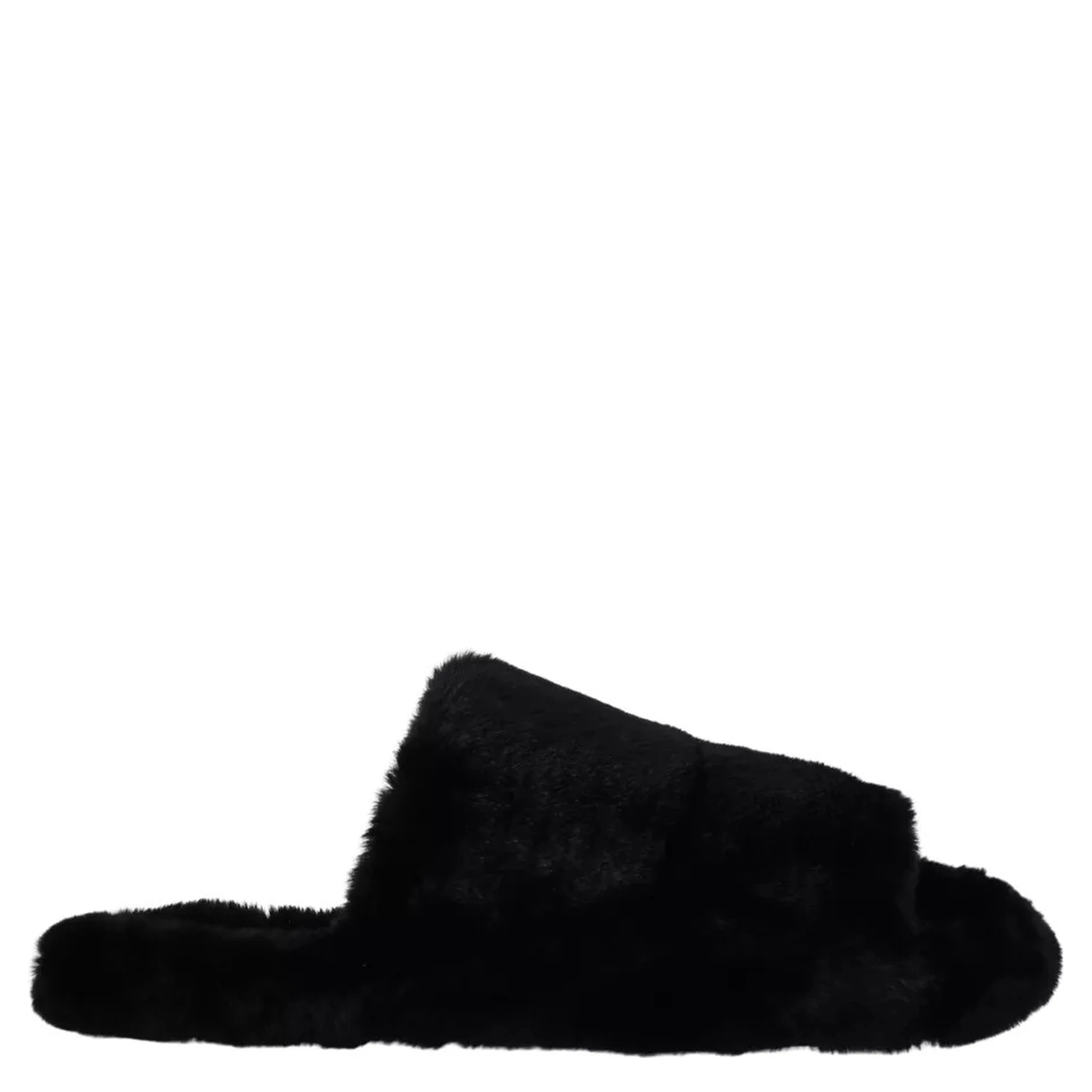 Black Polyester Faux Fur Mens Flats Sandals Shoes