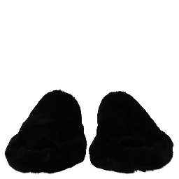 Black Polyester Faux Fur Mens Flats Sandals Shoes