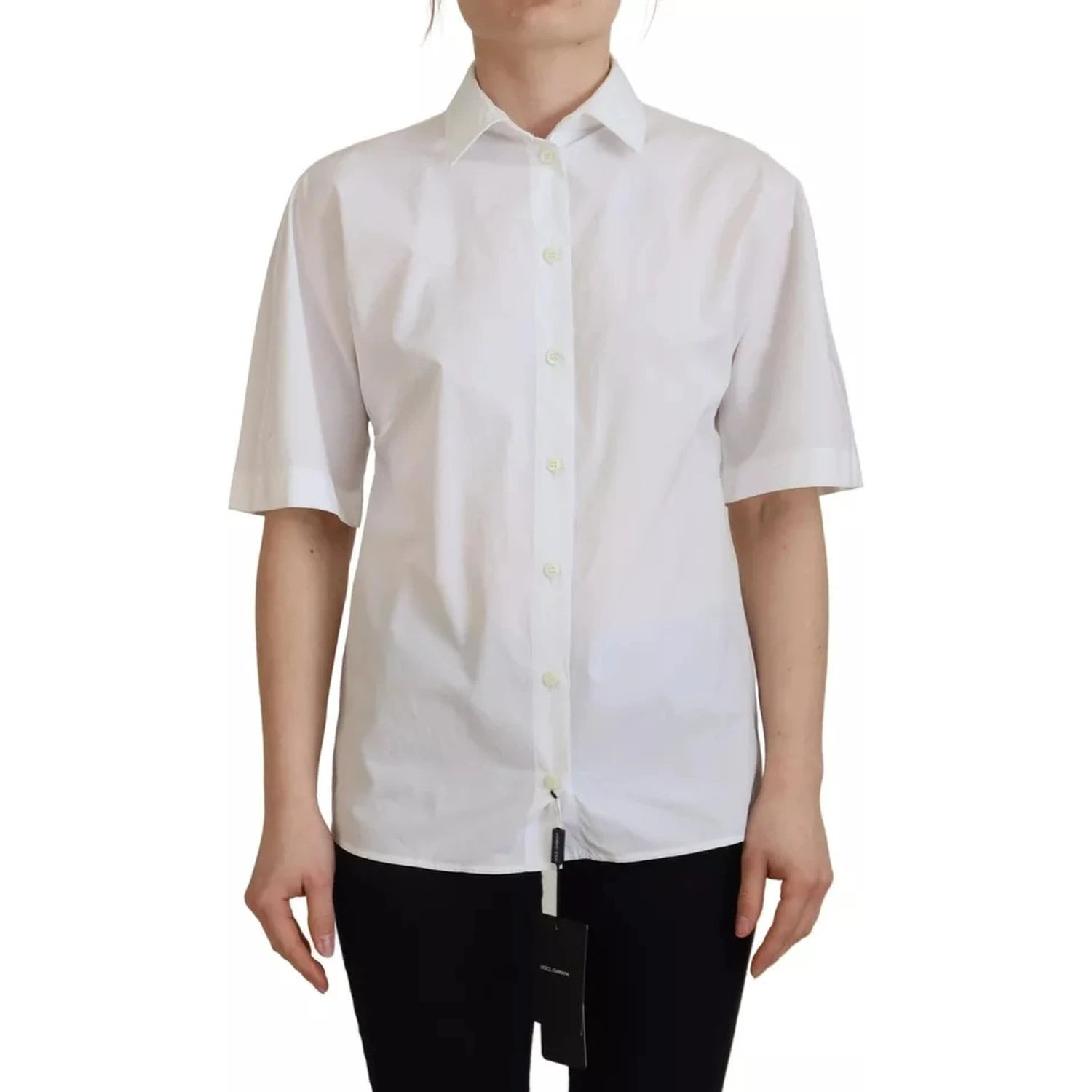 White Cotton Button Front Short Sleeve Shirt