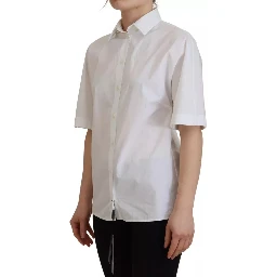 White Cotton Button Front Short Sleeve Shirt