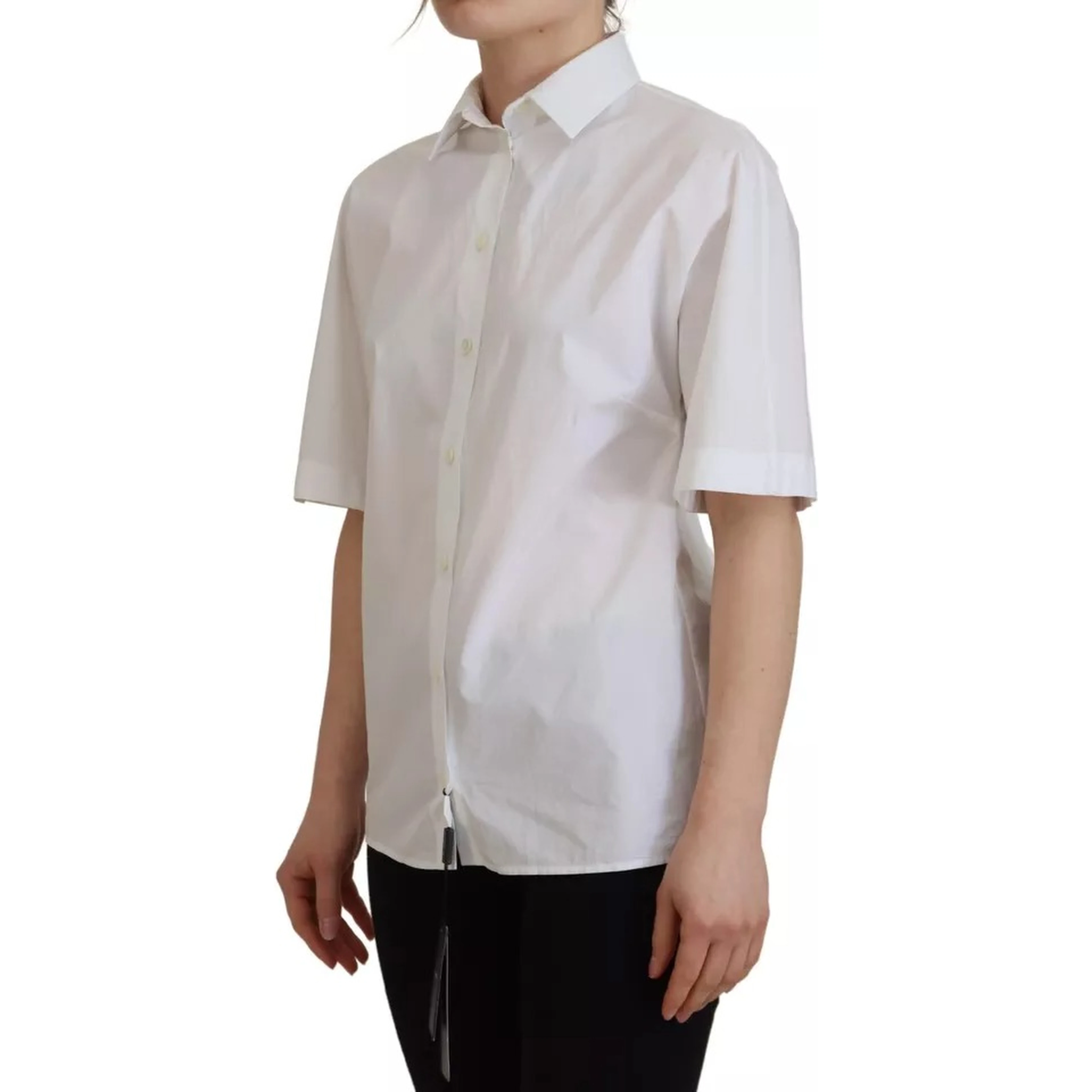 White Cotton Button Front Short Sleeve Shirt
