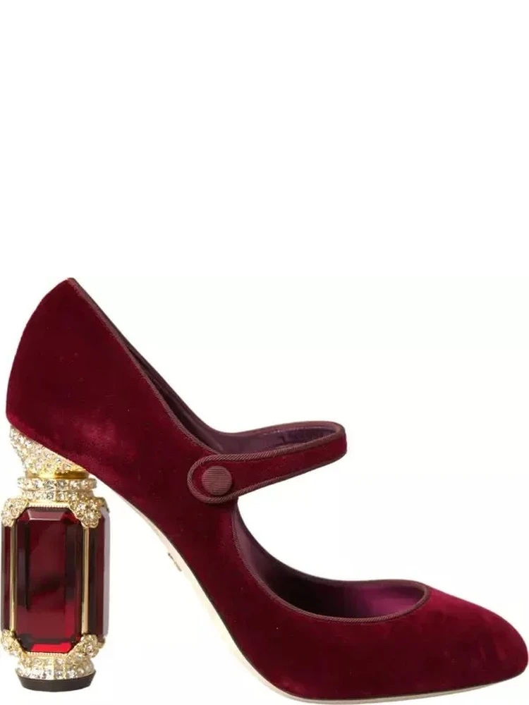 Red Velvet Gold Crystals Heels Mary Janes Shoes