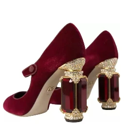 Red Velvet Gold Crystals Heels Mary Janes Shoes