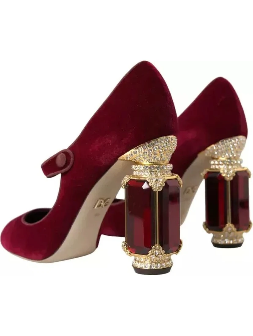 Red Velvet Gold Crystals Heels Mary Janes Shoes