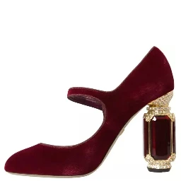 Red Velvet Gold Crystals Heels Mary Janes Shoes
