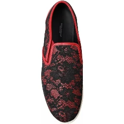 Black Red Lace Slip On Low Top Sneakers Shoes