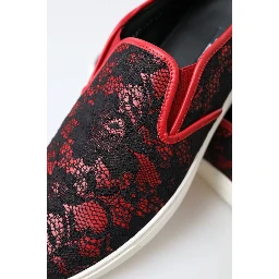 Black Red Lace Slip On Low Top Sneakers Shoes