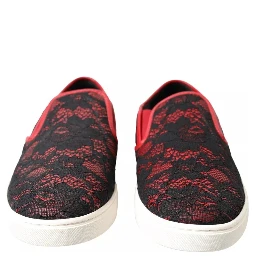 Black Red Lace Slip On Low Top Sneakers Shoes