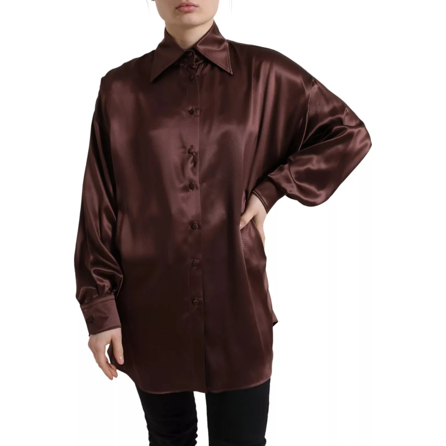 Brown Silk Collared Long Sleeves Top Blouse