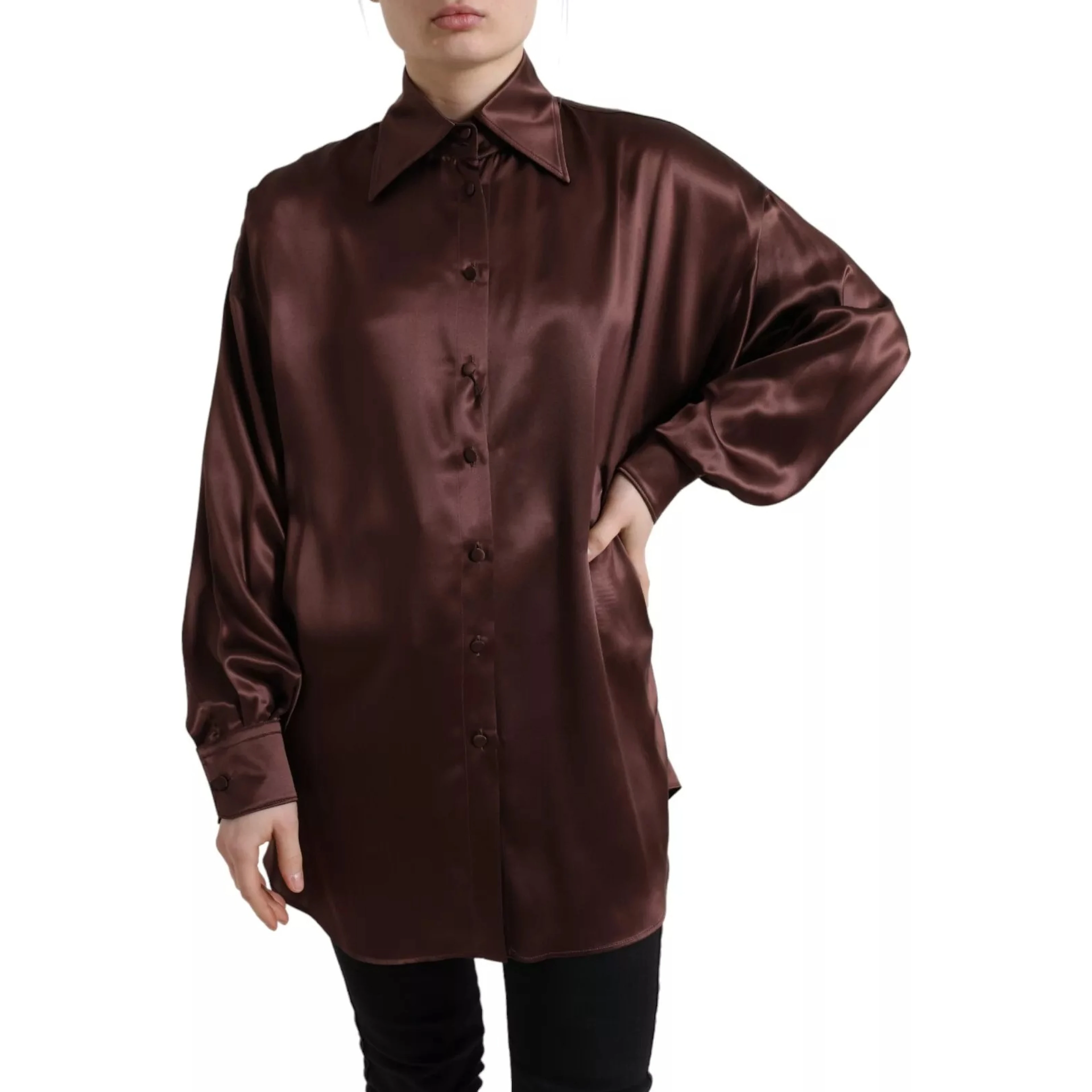 Brown Silk Collared Long Sleeves Top Blouse
