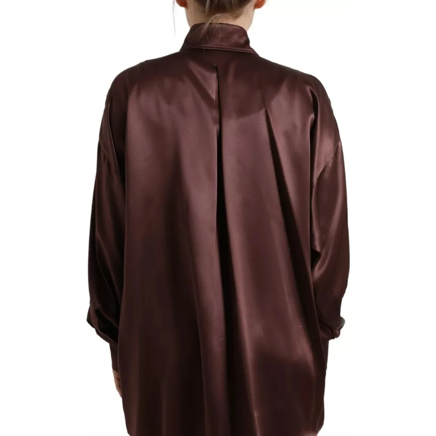 Brown Silk Collared Long Sleeves Top Blouse