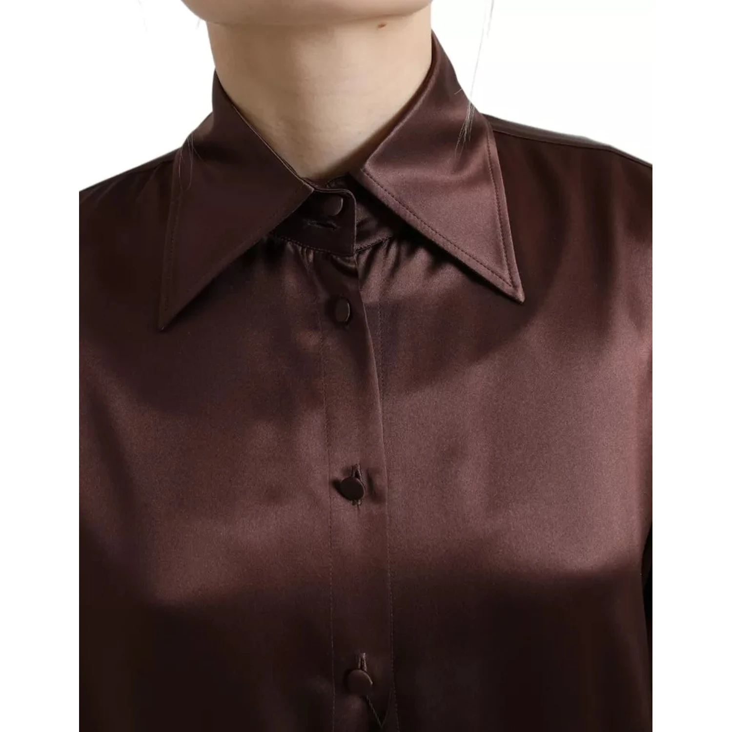 Brown Silk Collared Long Sleeves Top Blouse