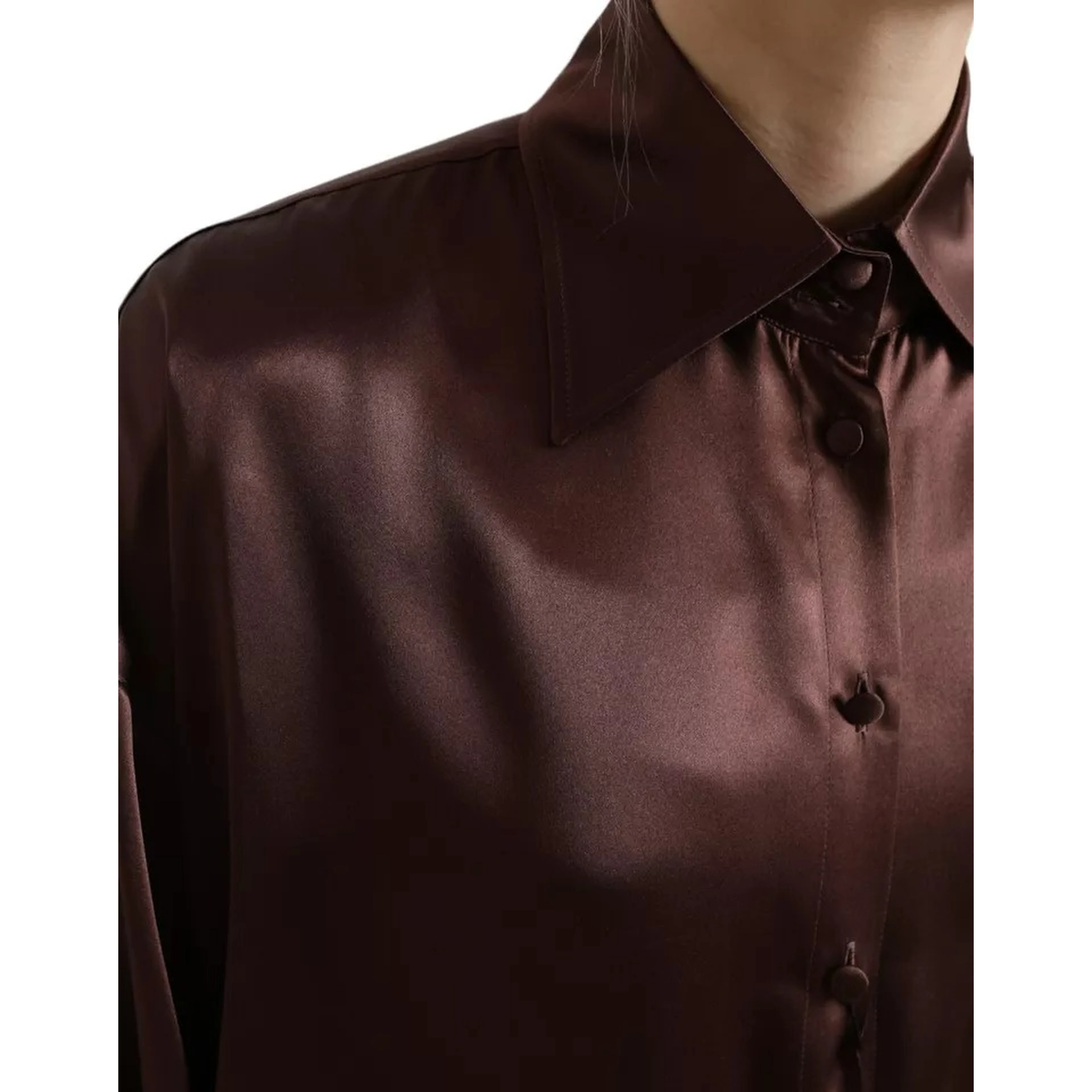 Brown Silk Collared Long Sleeves Top Blouse