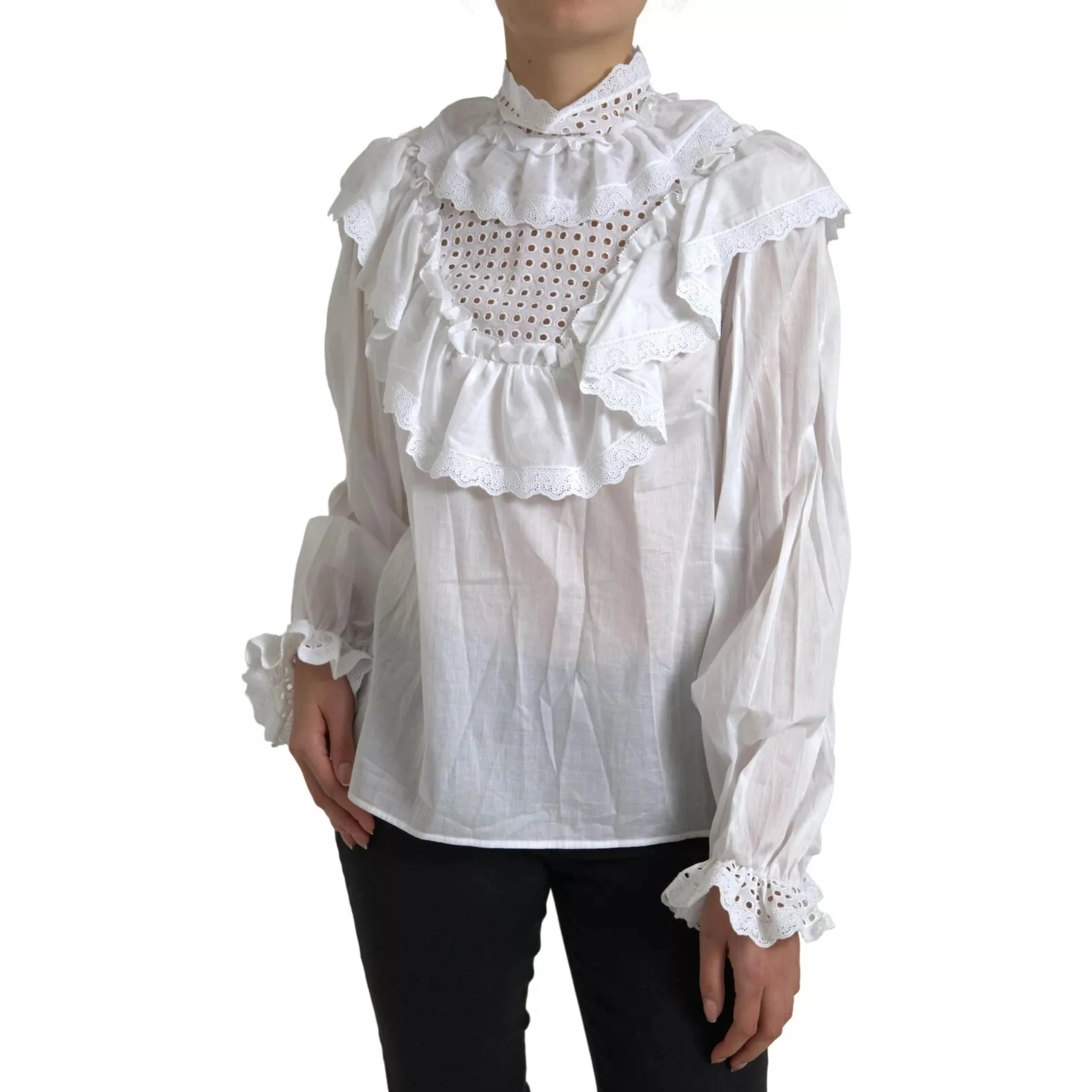 White Cotton Lace Trim Turtle Neck Blouse