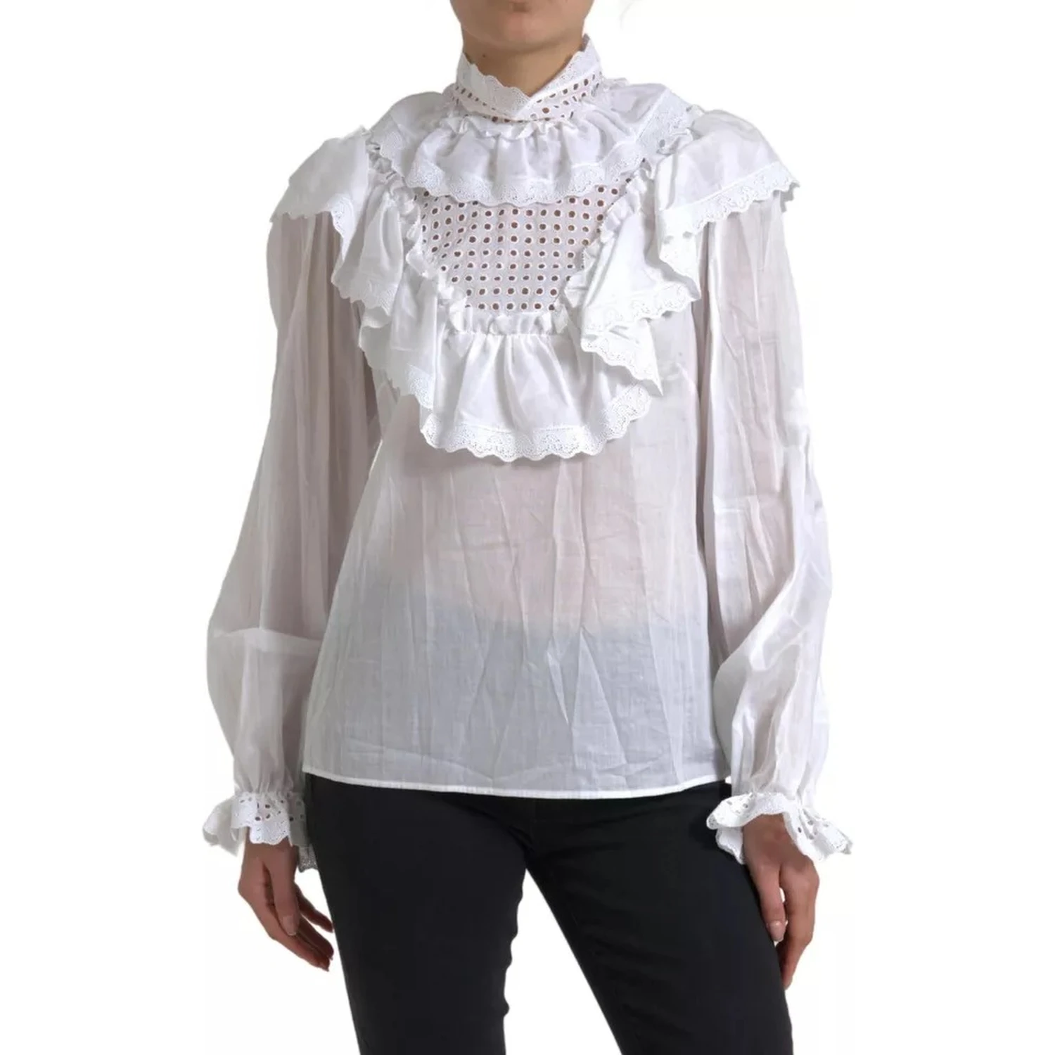 White Cotton Lace Trim Turtle Neck Blouse