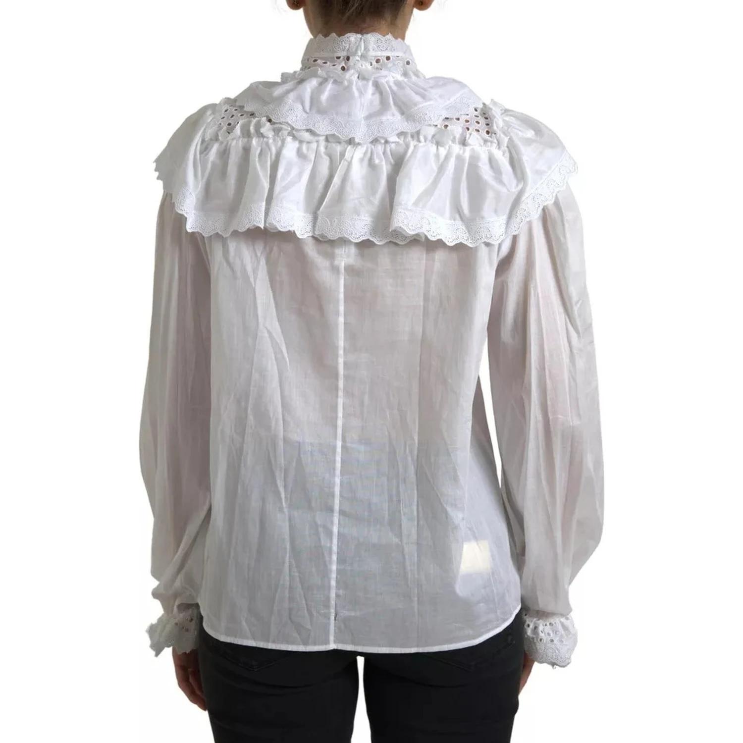 White Cotton Lace Trim Turtle Neck Blouse