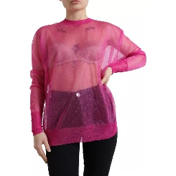 Pink Sheer Long Sleeves Crewneck Top Blouse