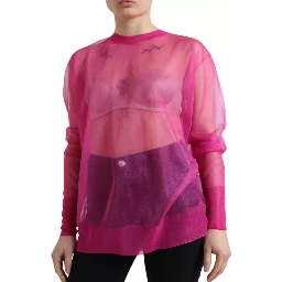 Pink Sheer Long Sleeves Crewneck Top Blouse