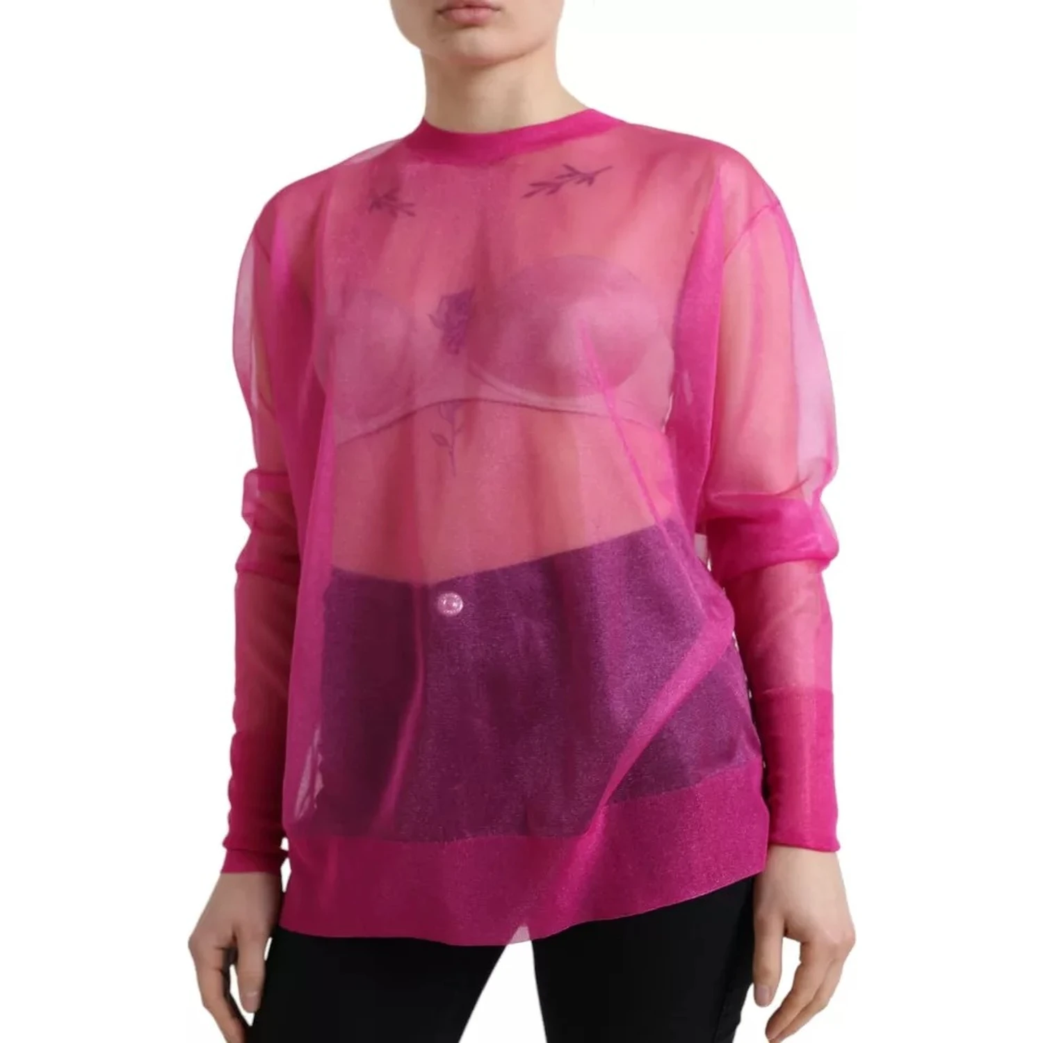 Pink Sheer Long Sleeves Crewneck Top Blouse