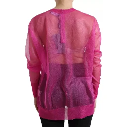 Pink Sheer Long Sleeves Crewneck Top Blouse