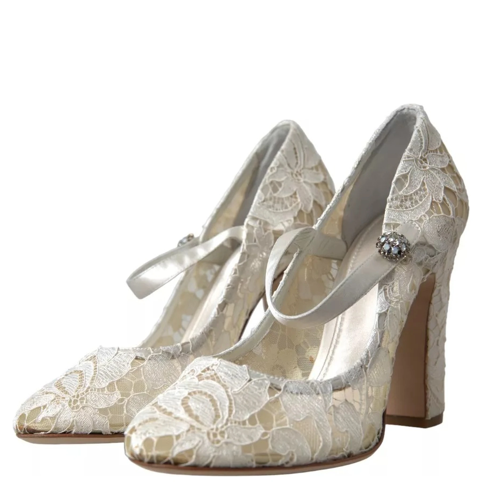 White Lace Crystals Heels Sandals Shoes