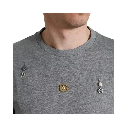 Gray Cotton Embellished Crew Neck  T-shirt