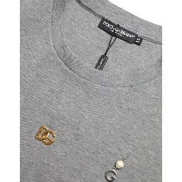 Gray Cotton Embellished Crew Neck  T-shirt