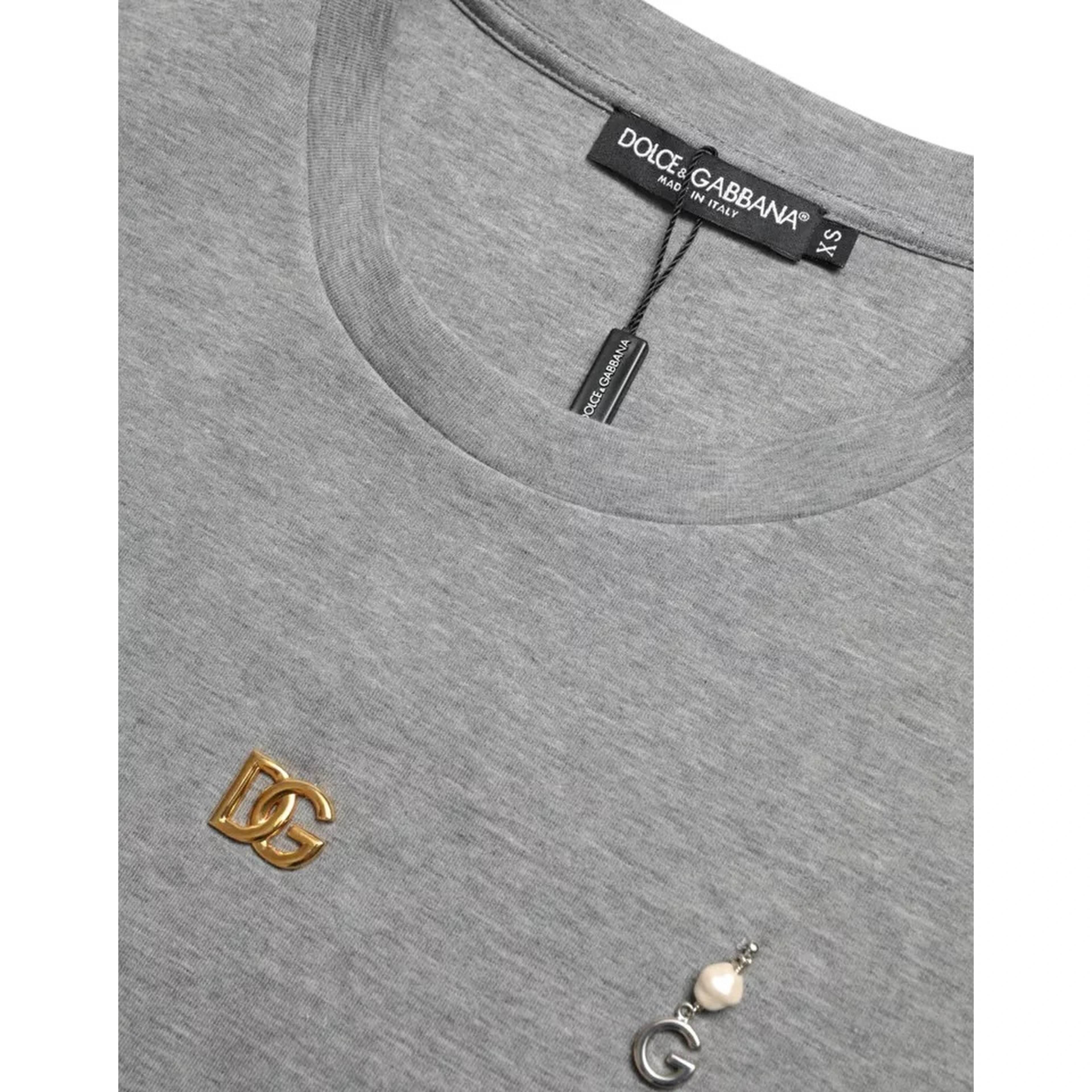 Gray Cotton Embellished Crew Neck  T-shirt
