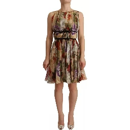 Beige Floral Sleeveless Round Neck Mini Dress