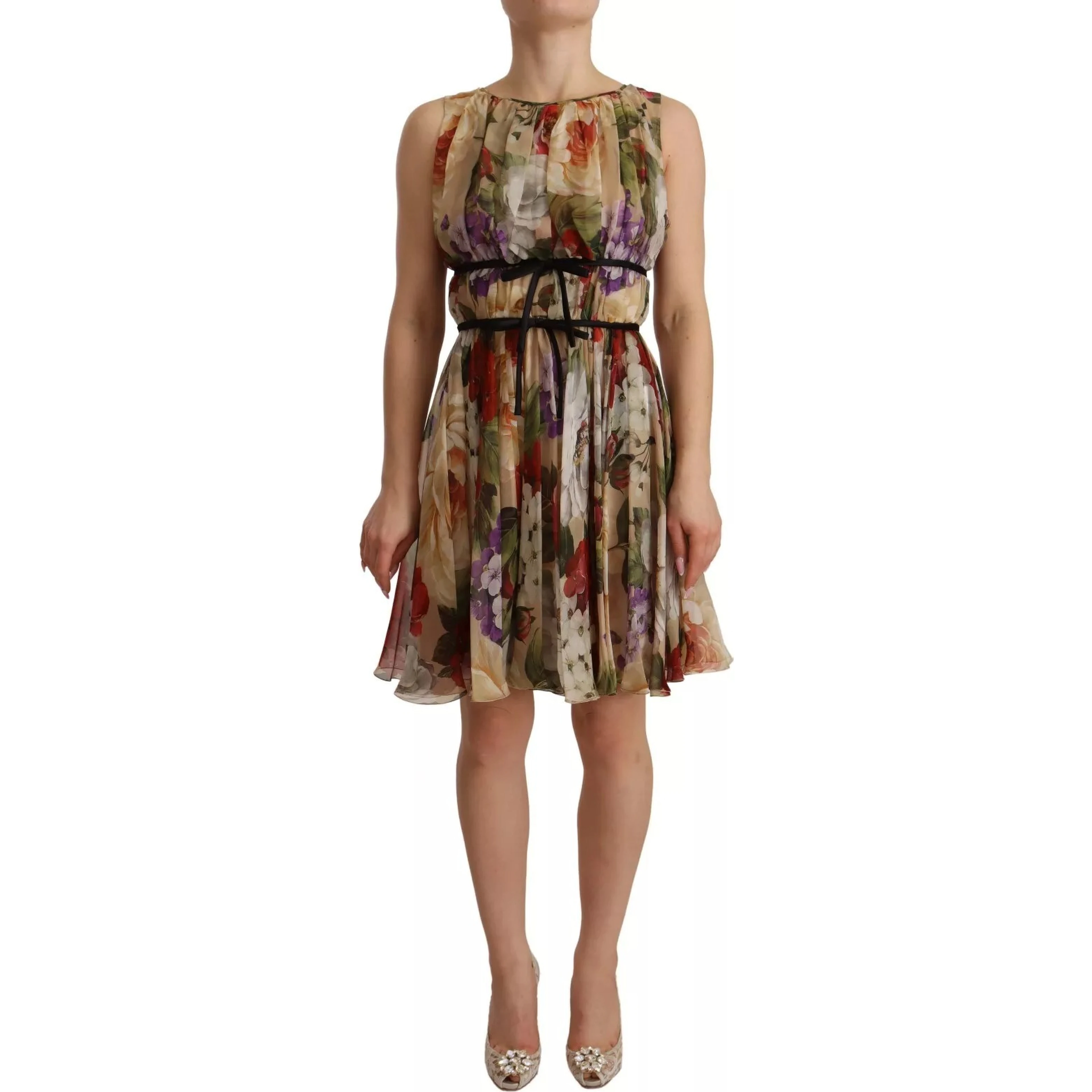 Beige Floral Sleeveless Round Neck Mini Dress