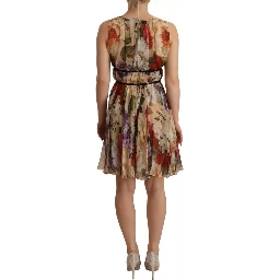 Beige Floral Sleeveless Round Neck Mini Dress