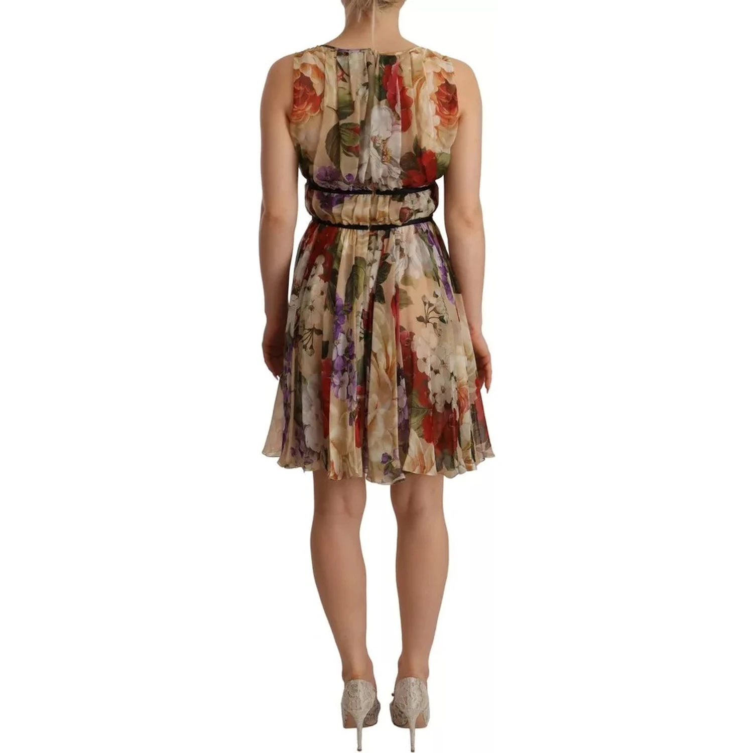 Beige Floral Sleeveless Round Neck Mini Dress