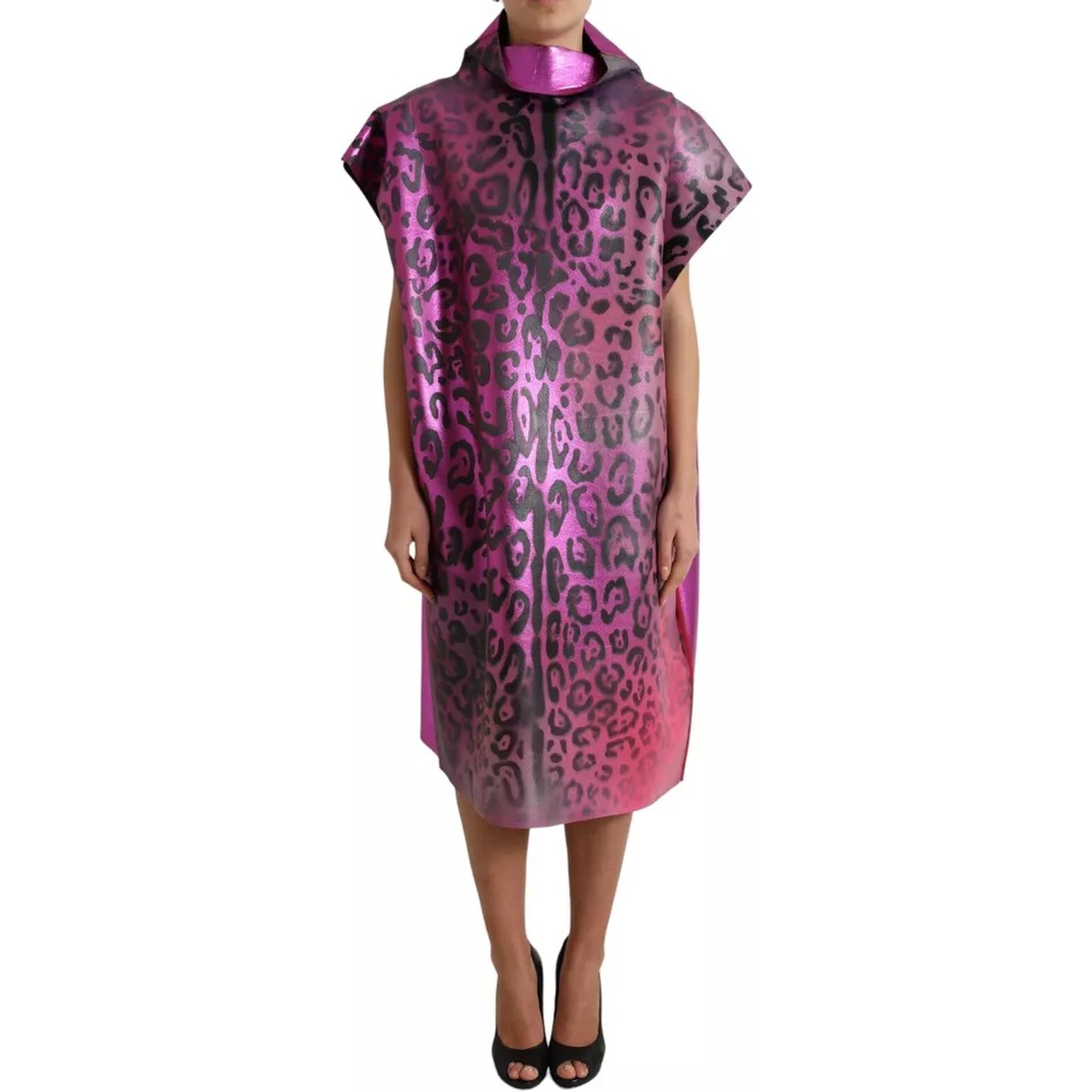 Pink Leopard Print Polyester Shift Midi Dress