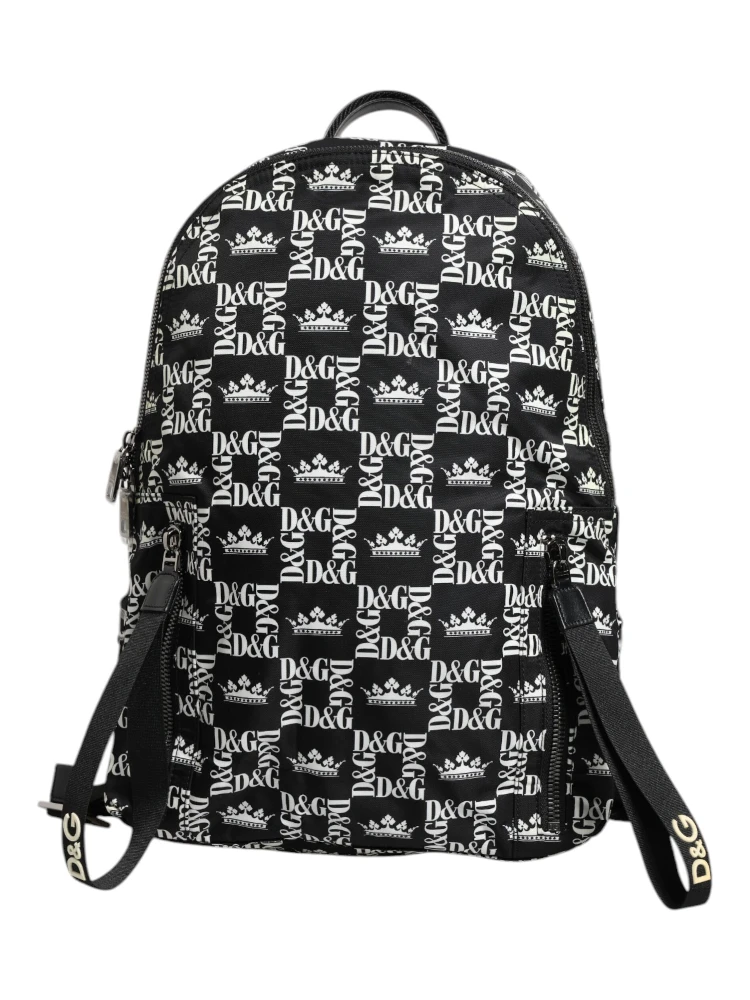 Black White Crown Printed Nylon School Backpack Bag