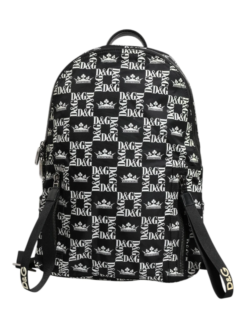 Black White Crown Printed Nylon School Backpack Bag