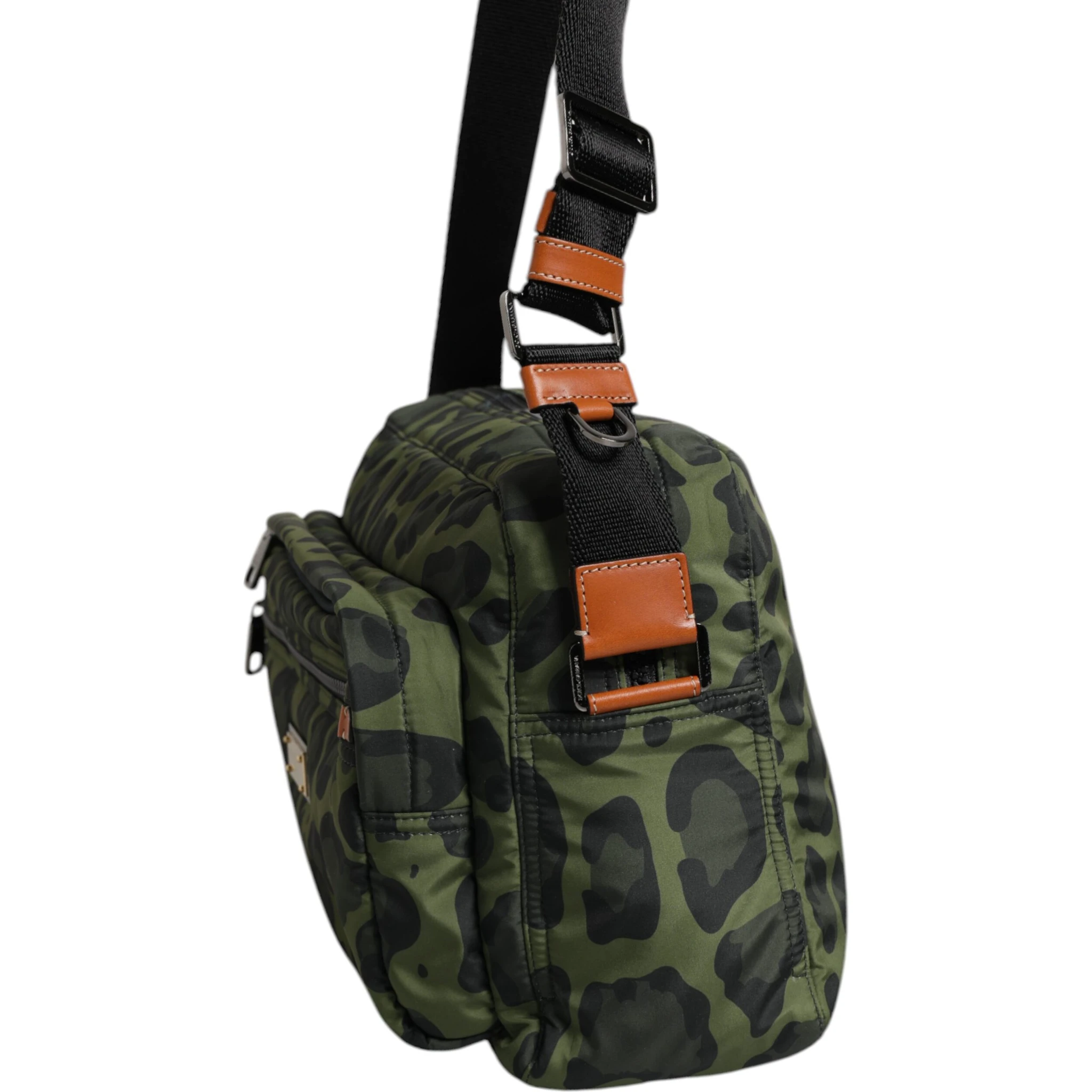 Green Polyester Leopard Print Shell Messenger Bag