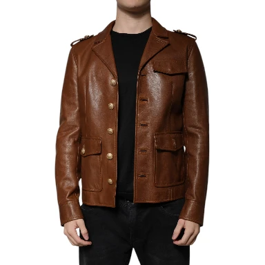 Brown Calfskin Leather Button Down Jacket