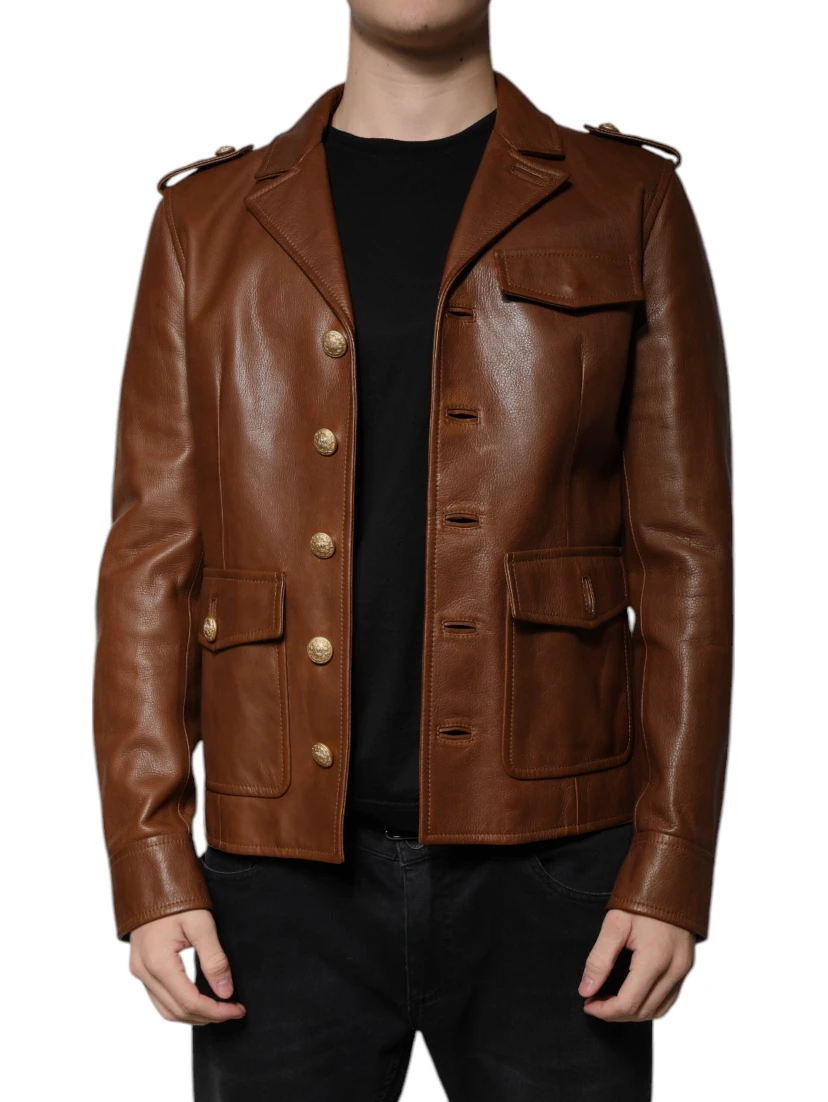 Brown Calfskin Leather Button Down Jacket
