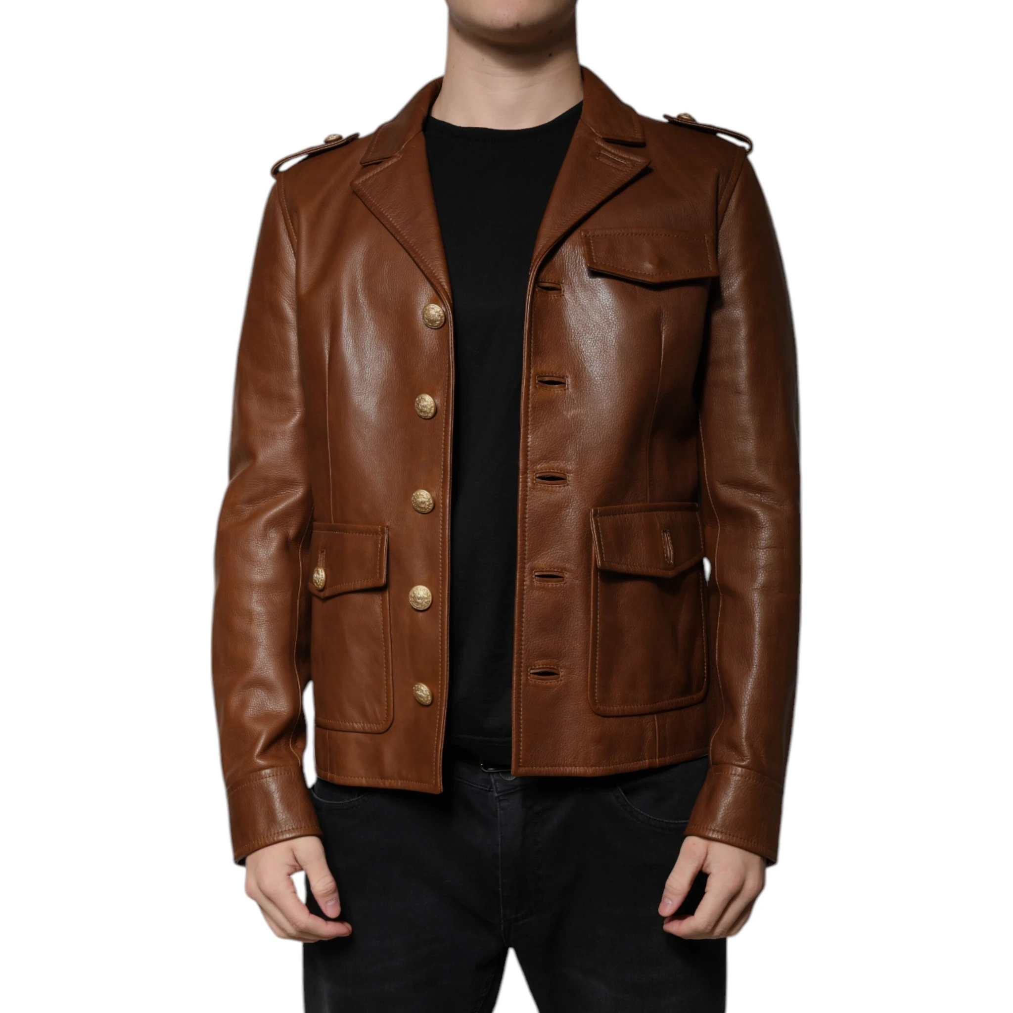 Brown Calfskin Leather Button Down Jacket