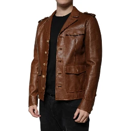 Brown Calfskin Leather Button Down Jacket