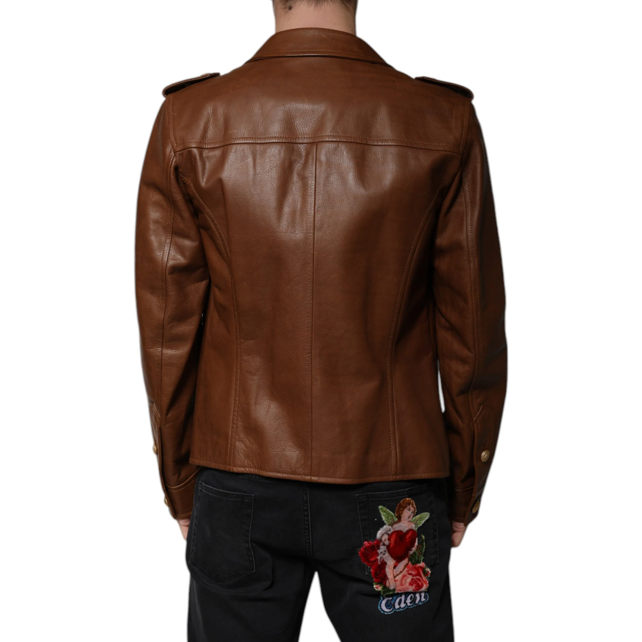 Brown Calfskin Leather Button Down Jacket
