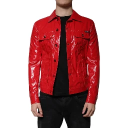 Red Polyester Button Down Collared Jacket