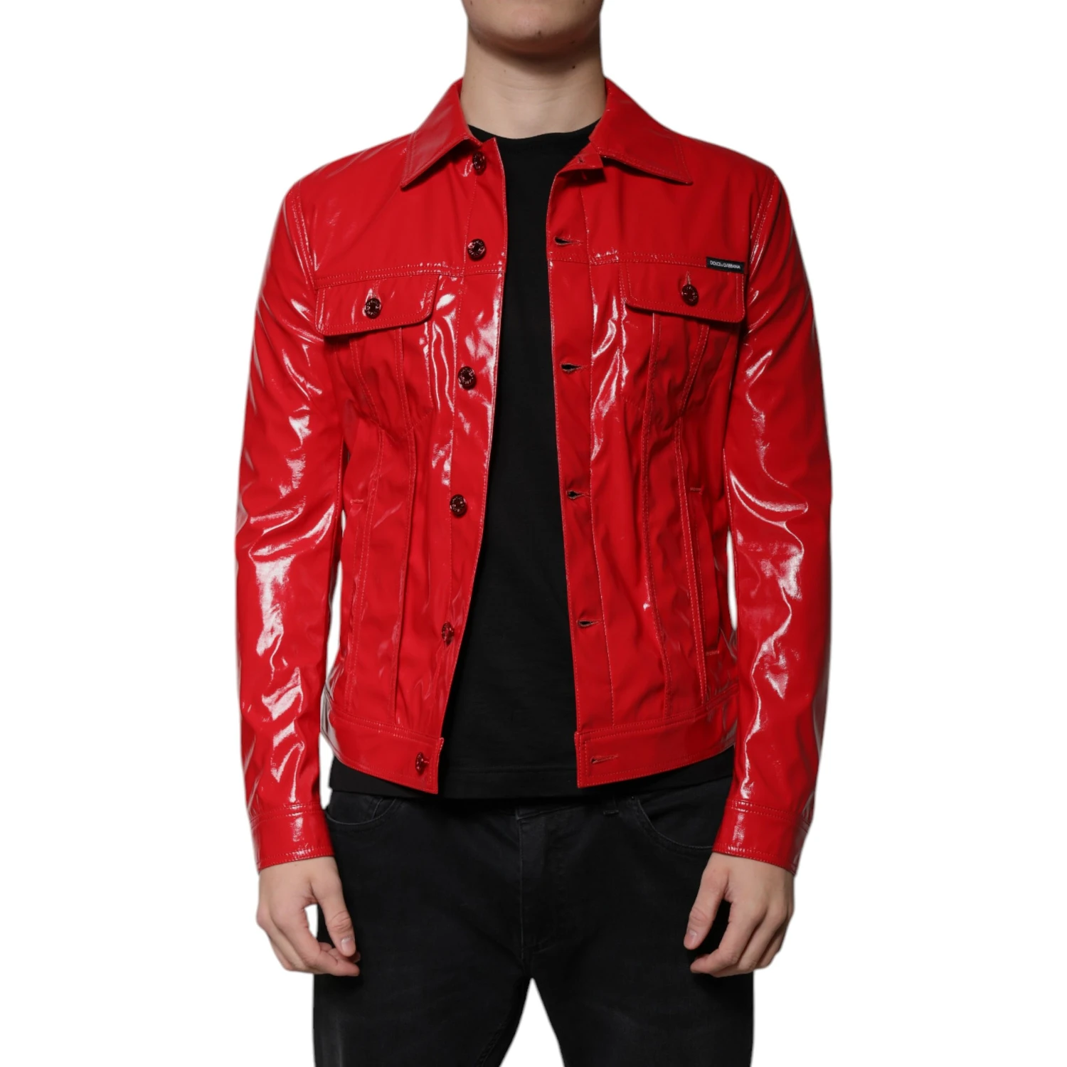 Red Polyester Button Down Collared Jacket