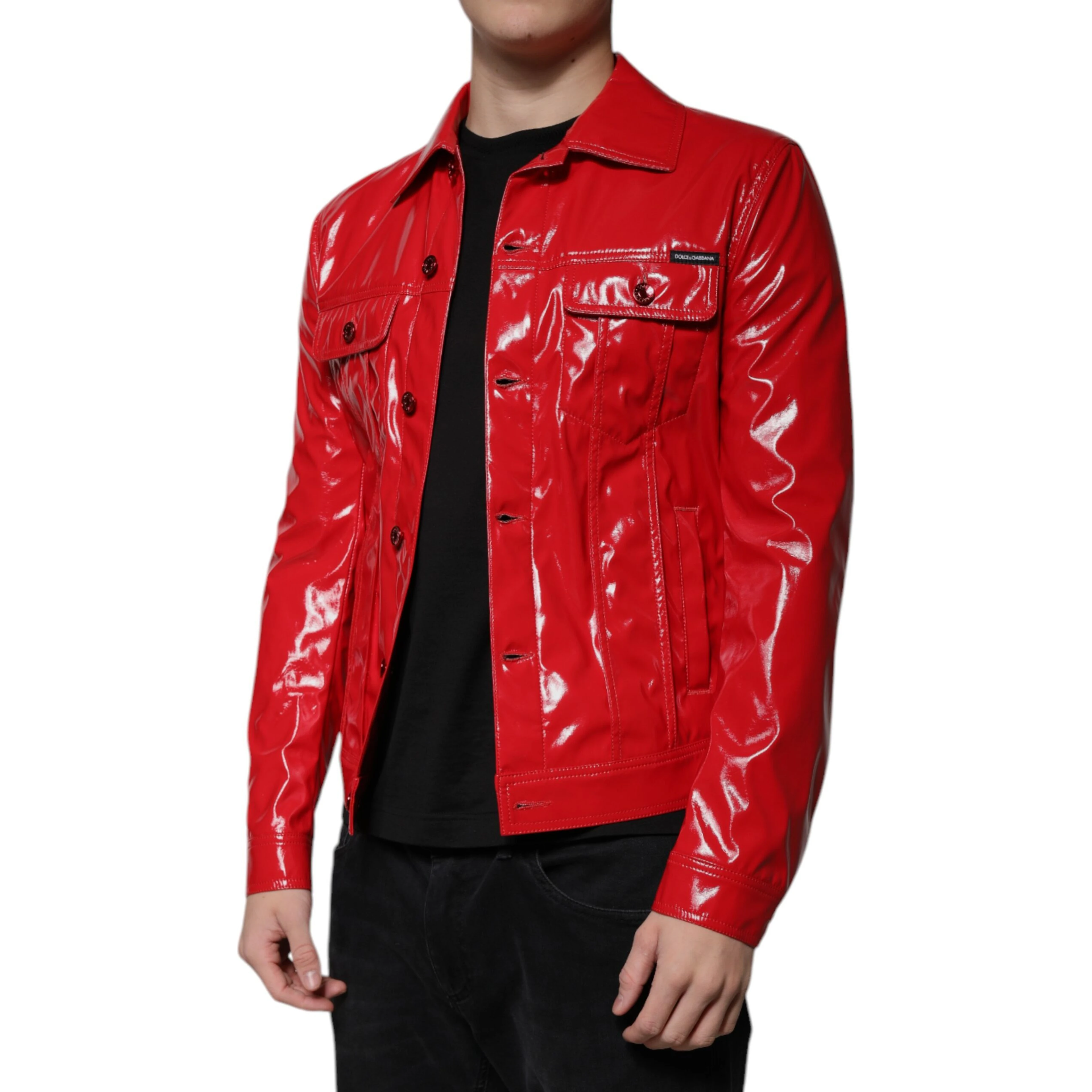 Red Polyester Button Down Collared Jacket