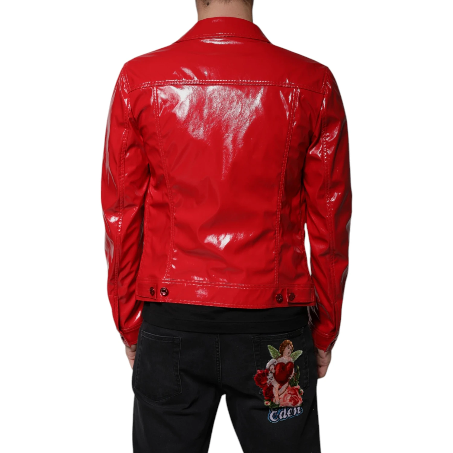 Red Polyester Button Down Collared Jacket