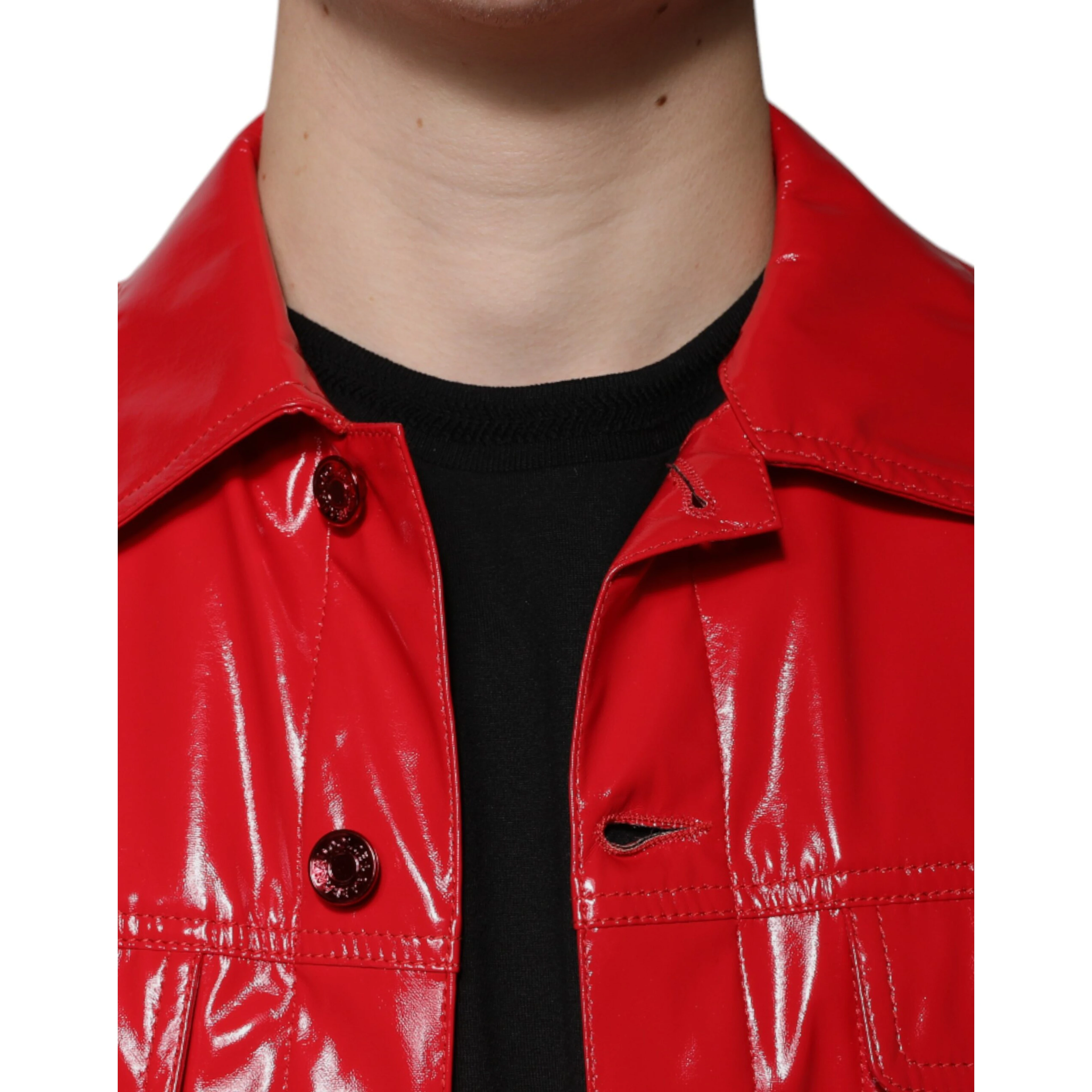 Red Polyester Button Down Collared Jacket