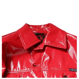 Red Polyester Button Down Collared Jacket